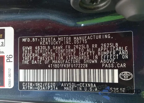 2015 Toyota Camry Hybrid Le z USA, uszkodzony, nr VIN 4T1BD1FK9FU172228